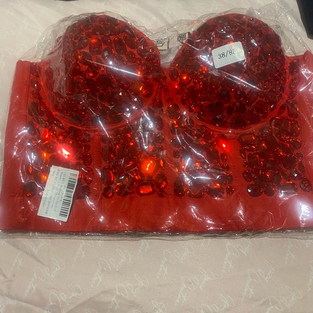 Red Bejeweled Strapless Top